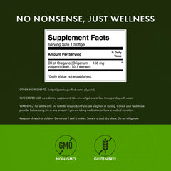 Close-up of Swanson oregano oil label highlighting potency and quality testing.