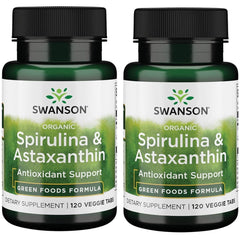 Swanson Spirulina & Astaxanthin Veg Tabs bottle shows nutrients for daily wellness