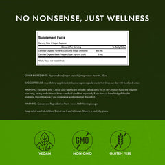 Ingredients panel suggests organic turmeric and organic black pepper