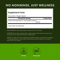 Swanson Peak ATP capsules closeup highlights 400 mg ATP per serving.