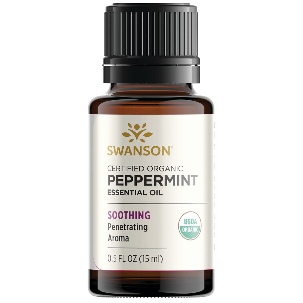 Swanson CERT ORG Peppermint ESSN Oil bottle front for purity and aroma.