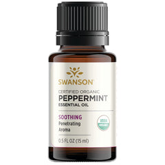Swanson CERT ORG Peppermint ESSN Oil bottle front for purity and aroma.