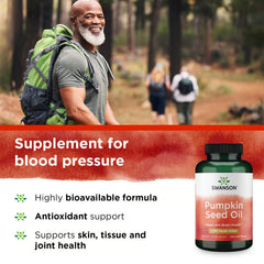 Swanson pumpkin seed oil label closeup; transparent sourcing for blood sugar metabolism support.