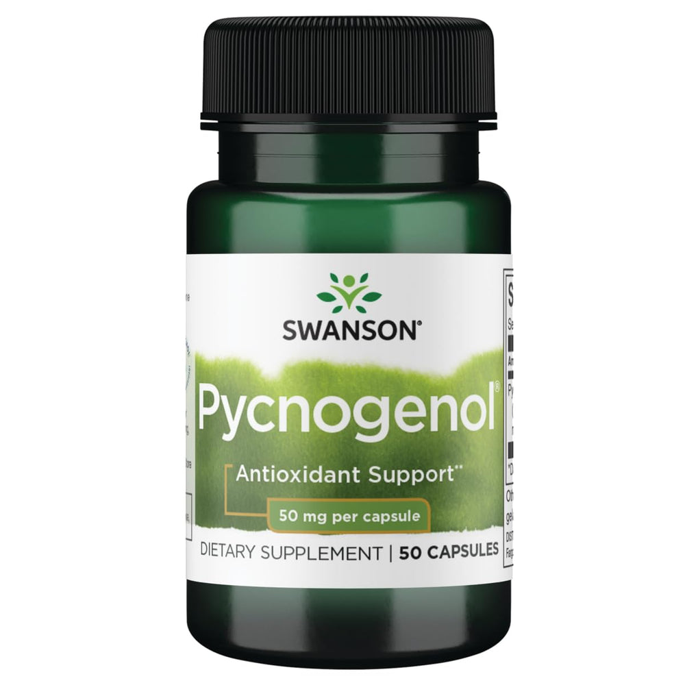 Swanson Pycnogenol bottle displaying 50 mg capsules; supports overall vitality and daily wellness.