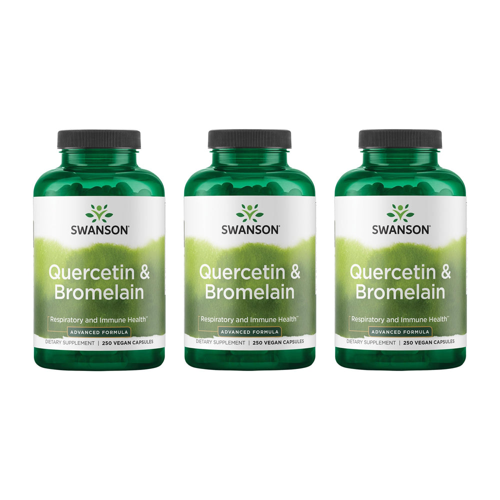 Swanson Quercetin & Bromelain bottle close-up showing convenient daily capsules for wellness