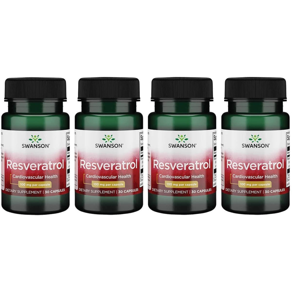 Swanson Resveratrol 100 4-pack bottle front highlighting antioxidant support and heart wellness