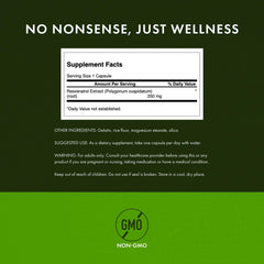 Swanson Resveratrol capsules closeup showing 250 mg per cap for potency.