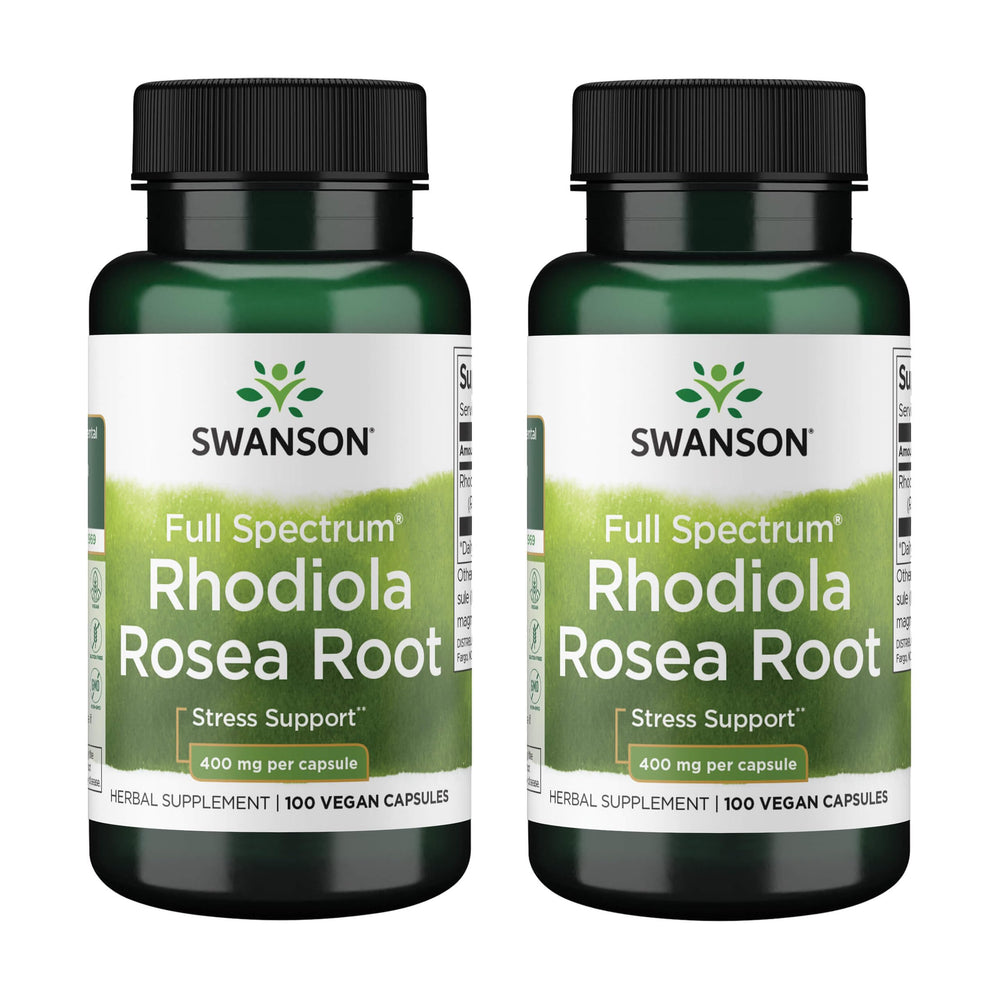 Swanson Rhodiola Rosea Root bottle front label shows 400 mg per capsule for daily energy support.