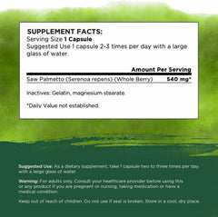 Swanson Saw Palmetto capsules close up showing 540 mg dosage