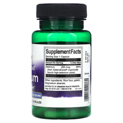 Swanson SelenoExcell label closeup highlighting 200 mcg selenium per capsule for convenient daily dosing