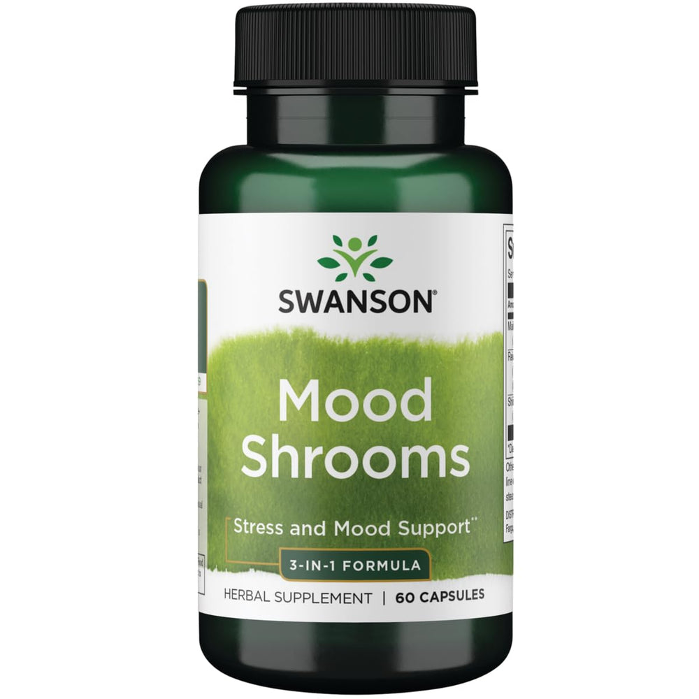 Swanson Shrooms 3-in-1 bottle showcases packaging for mood, immunity, and energy support