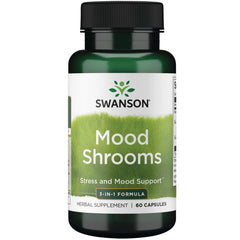 Swanson Shrooms 3-in-1 bottle showcases packaging for mood, immunity, and energy support