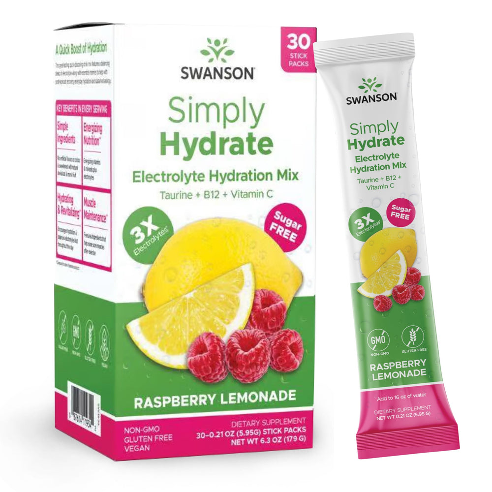 Swanson Simply Hydrate box front highlights sugar-free hydration for on-the-go.