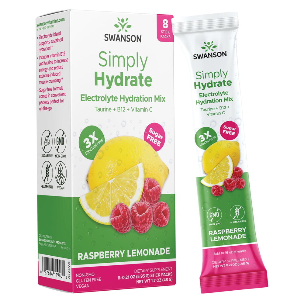 Swanson Simply Hydrate Raspberry Lemonade packet front for convenient hydration.