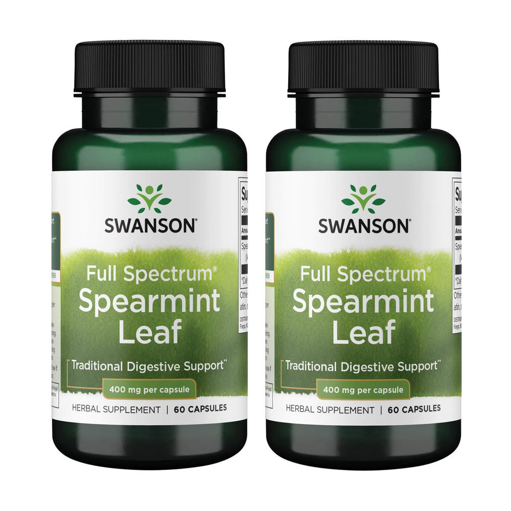 Swanson Spearmint Leaf bottle front showing 60 capsules for digestive wellness.