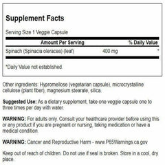 Swanson Spinach Leaf bottle side with label detail and dosage info.