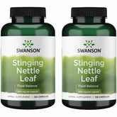 Swanson Stinging Nettle Leaf capsules bottle highlights daily urinary and respiratory support potential.