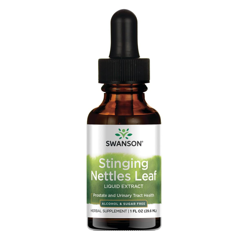 Swanson Stinging Nettles Liquid Extract bottle pour, easy daily dosing for wellness.