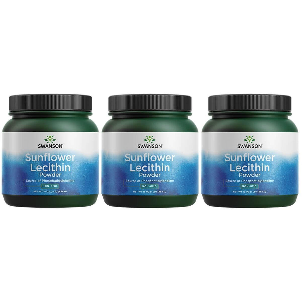 Swanson sunflower lecithin powder packaging shows a convenient 3-pack for daily use.