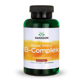 Swanson Super Stress B-Complex bottle closeup showing the 240 capsules for daily energy support.