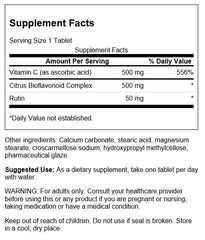 Swanson Supreme Vitamin C Complex 250 Tabs label, highlights 1:1 vitamin C and citrus bioflavonoids.