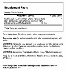 Swanson Tart Cherry capsules closeup, 465 mg per capsule for daily use.