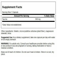 Swanson Taurine capsules close-up highlighting easy-to-swallow form.