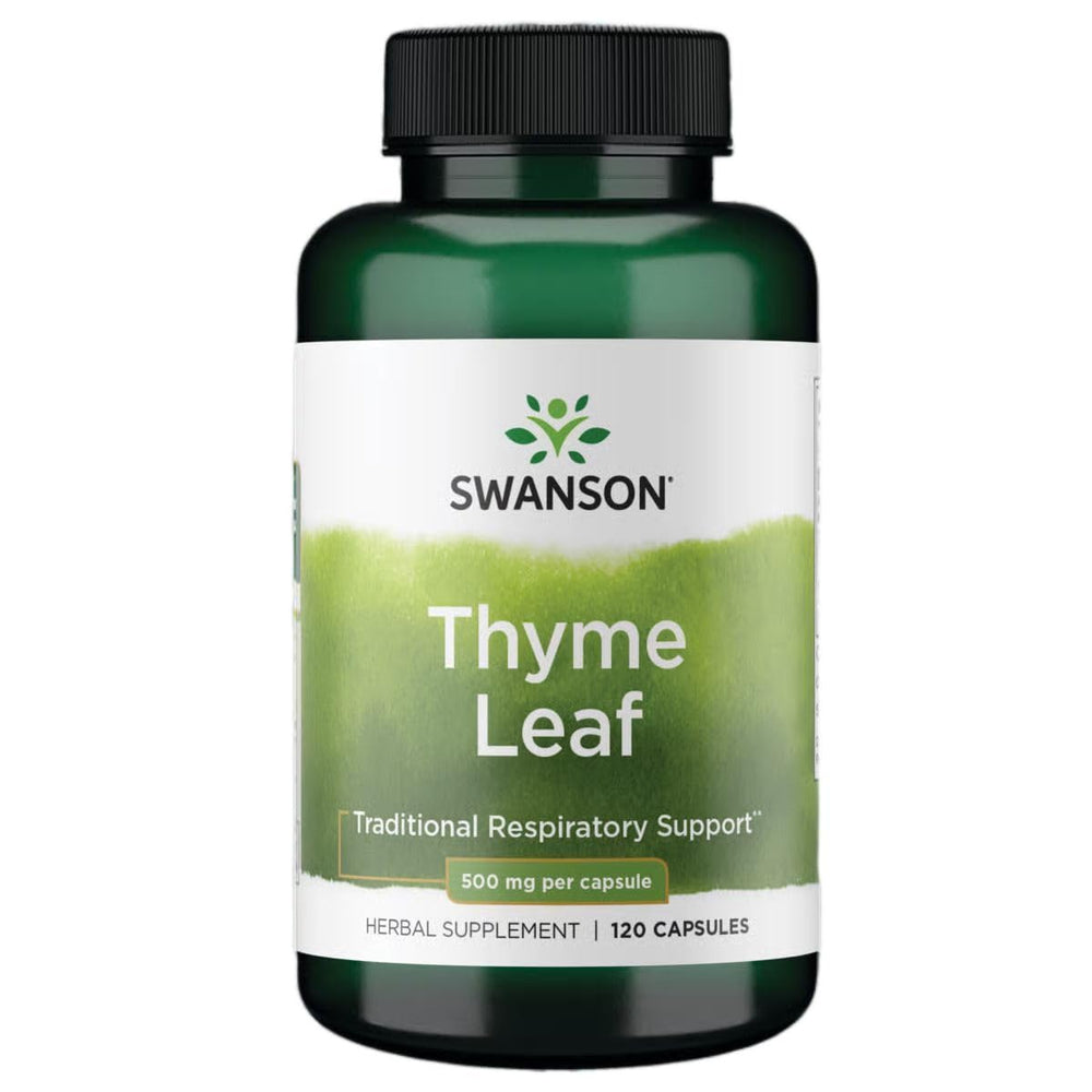 Swanson Thyme Leaf bottle front showing natural respiratory support potential