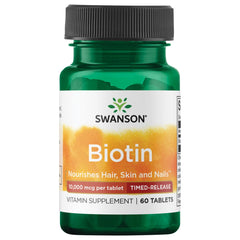 Swanson Timed-Release Biotin bottle shows controlled potency for daily use.
