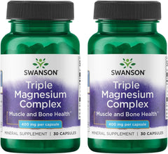 Swanson Triple Magnesium Complex, caja de embalaje, apoyo diario para nervios y músculos.