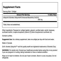 Close-up of Swanson ubiquinol 200mg softgels label highlights purity and potency.