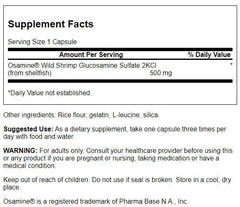 Close-up label of Swanson ULT Wild Shrimp Glucosamine highlighting non-GMO ingredients.
