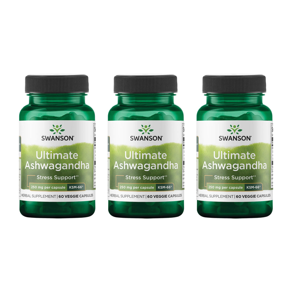 Swanson Ultimate Ashwagandha KSM-66 bottle with 60 capsules for daily stress support.