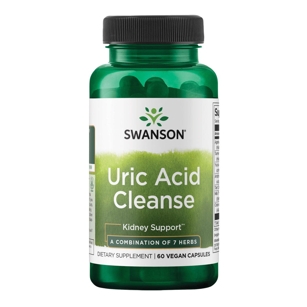 Swanson Uric Acid Cleanse bottle label shows natural herbal detox blend.