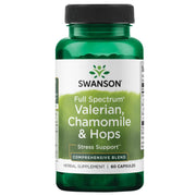 Swanson Valerian Chamomile Hops bottle promotes evening relaxation.