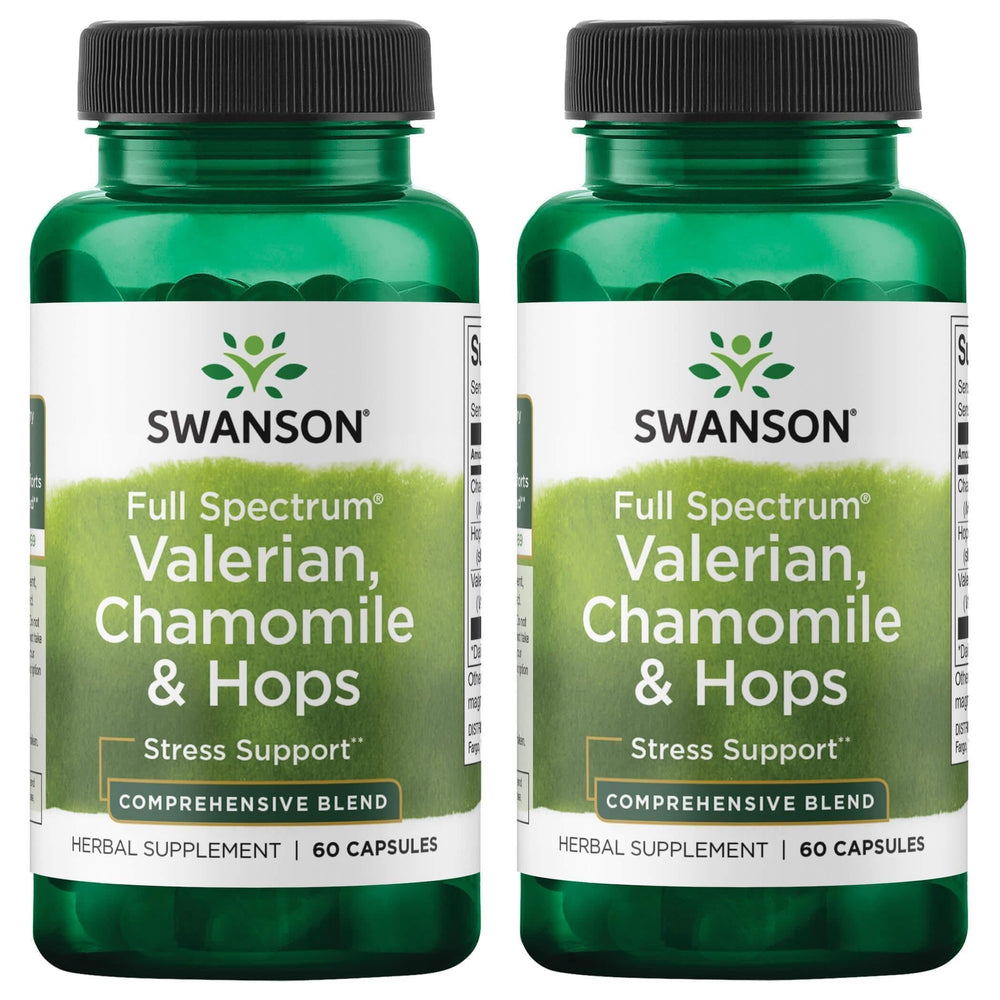 Swanson valerian chamomile hops capsules in bottle for nightly relaxation.