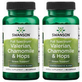Swanson valerian chamomile hops capsules in bottle for nightly relaxation.