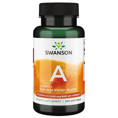 Swanson Vitamin A 10,000 IU softgels bottle highlighting high-absorption formula for eye and immune support.
