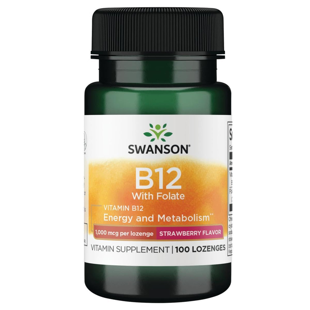 Swanson Vitamin B-12 lozenges bottle supporting energy metabolism.