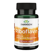 Swanson Vitamin B2 bottle with capsules supporting energy metabolism.