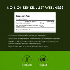 Swanson Vitamin C Rose HIPS label close-up emphasizing plant-based full-spectrum ingredients