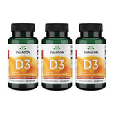 Swanson Vitamin D3 softgels in a 3-pack highlighting calcium absorption support.