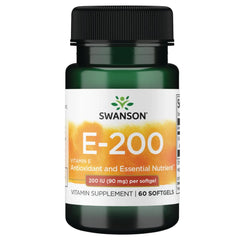 Swanson Vitamin E 200 IU softgels in bottle, easy daily antioxidant support.