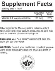 Swanson Vitamin K-1 100 mcg tablets on bottle, convenient daily supplement
