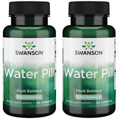 Swanson water pill bottle label showing 120 capsules supporting hydration and balance