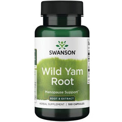 Swanson Wild Yam Root capsules shown in a bottle.