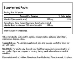 Swanson Camu Camu capsules close-up highlighting vitamin C content for immune support