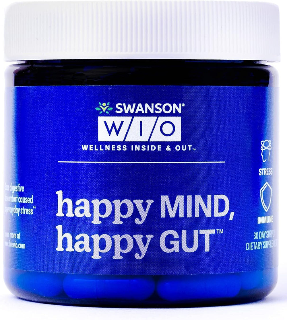 Swanson WIO Happy Mind, Happy Gut bottle pour showing probiotic support for digestive balance.