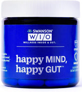 Swanson WIO Happy Mind, Happy Gut bottle pour showing probiotic support for digestive balance.