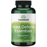 Swanson Yeast Defense Essentials bottle shows an acid-resistant probiotic formula for easy daily use.